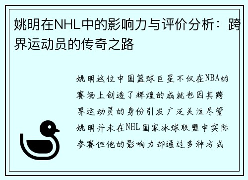 姚明在NHL中的影响力与评价分析：跨界运动员的传奇之路